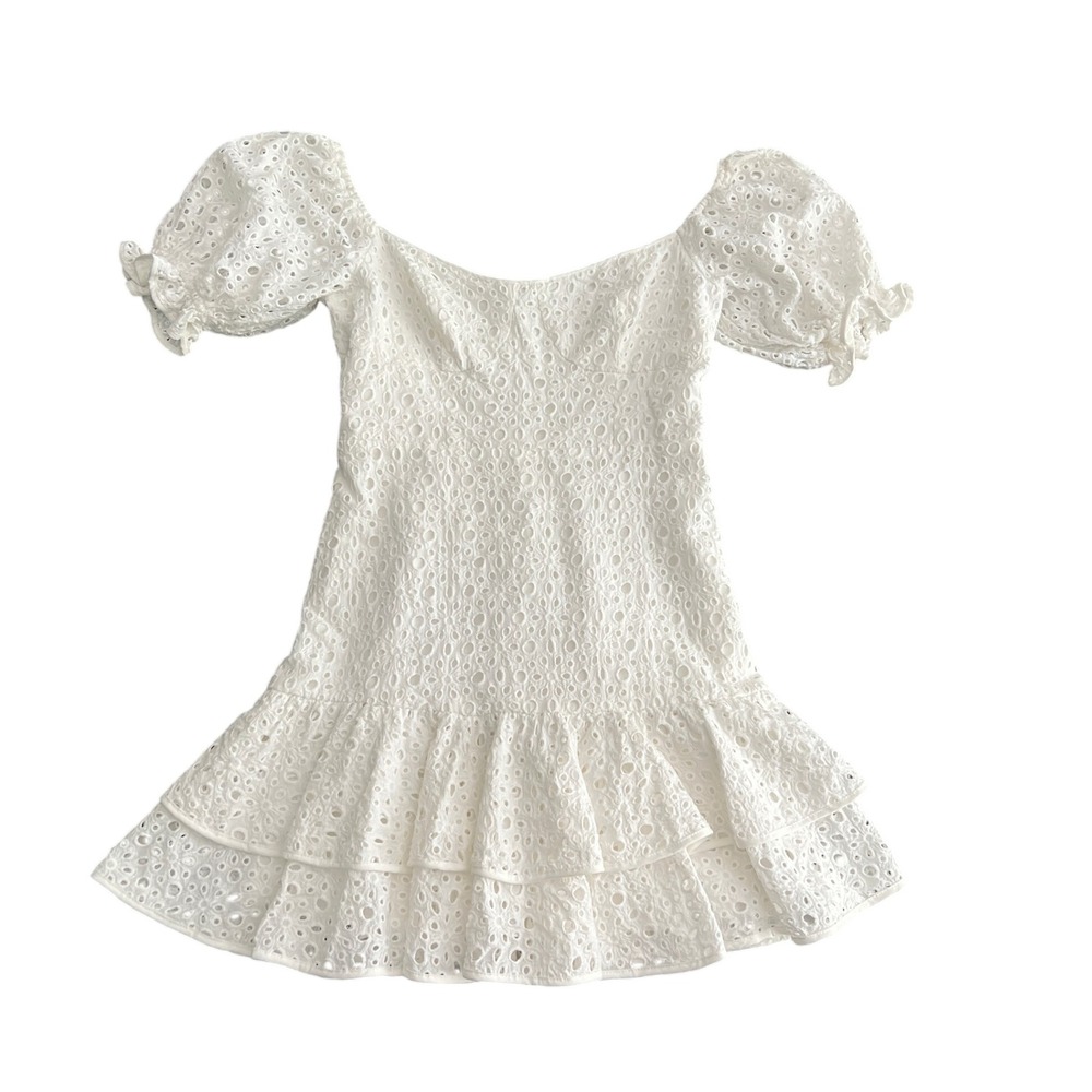ASTR The Label Women's Medium White Eyelet Mini Dress Puff Sleeve Ruffle